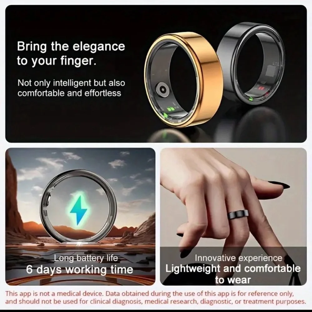 QRing Smart Ring Fitness Tracker IP68 Waterproof (Tarnish/Black) Size 8
